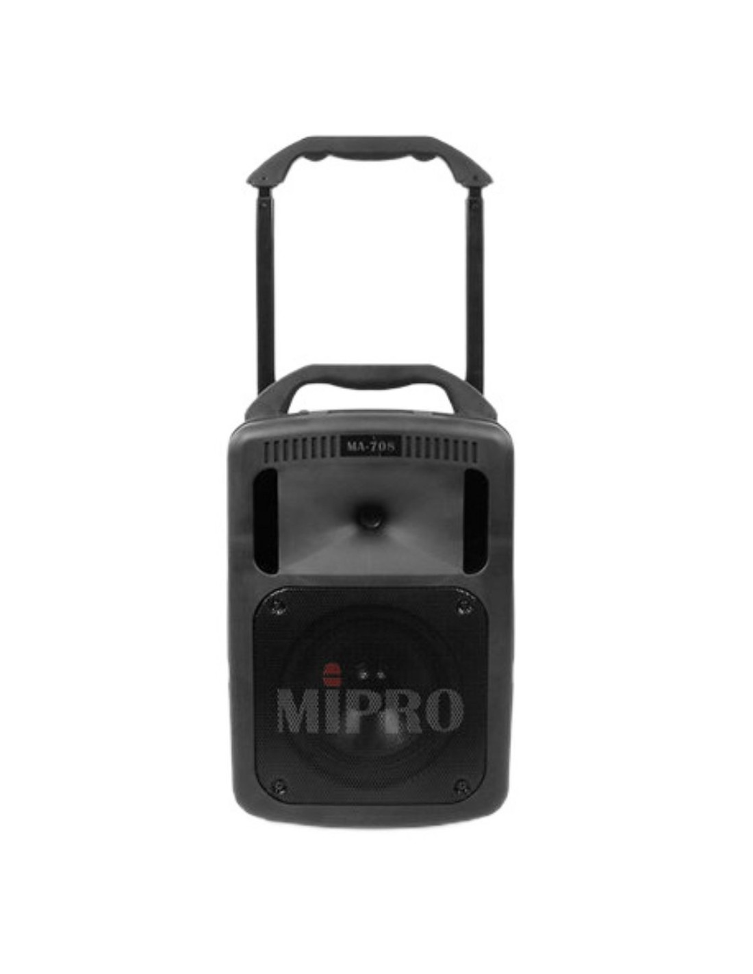 Locateur sono portable MIPRO avec poignée et trolley, haut-parleur intégré et micro sans fil pour événements.