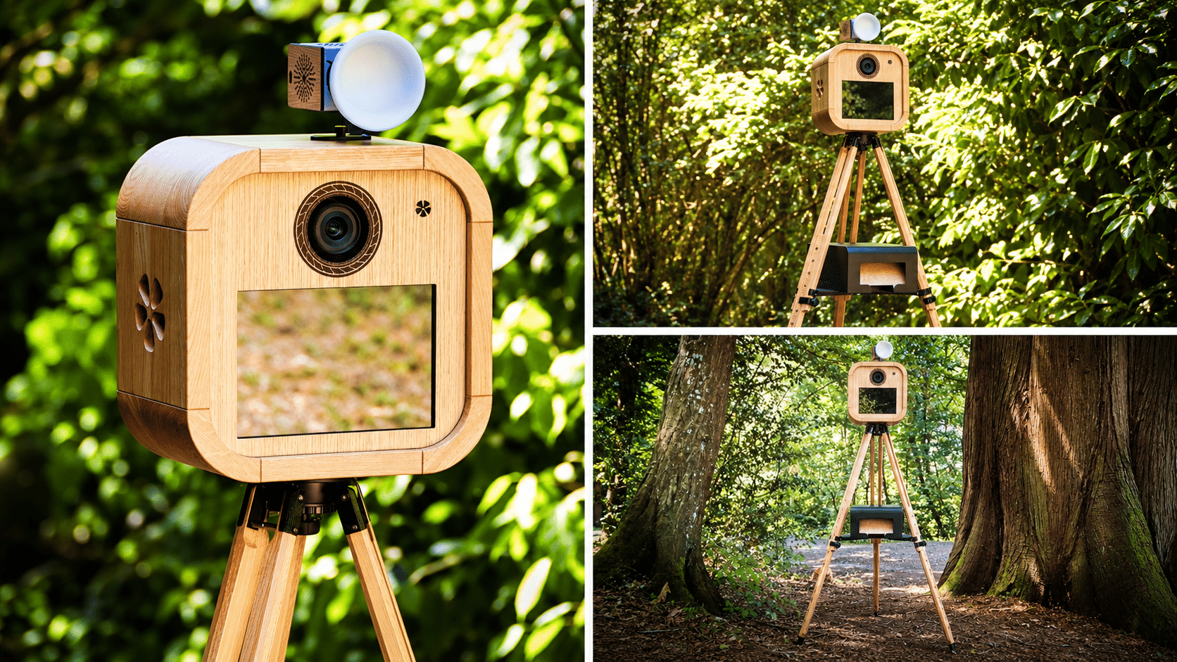 PHOTOS PHOTOBOOTH Booth photo en bois sur trépied, appareil argentique et objectif carré, posé en plein air dans un parc forestier.