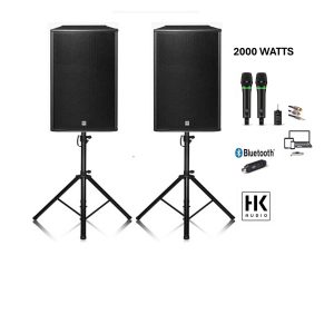 Location de deux enceintes amplifiées HK Pulsar PL 115 FA chez Sono Médoc à Lormont, Gironde – idéale pour soirées, concerts ou événements.