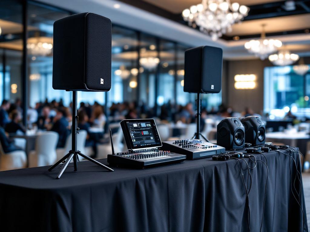 Pack sonorisation et éclairage professionnel en location avec enceintes sur pieds, console de mixage numérique et tablette de contrôle pour mariage et séminaire - Sono Médoc.