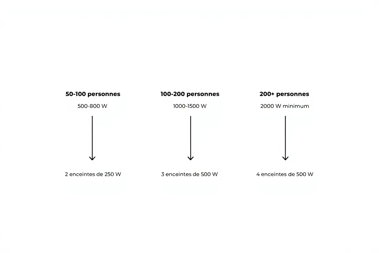 synthèse des informations basées sur les images fournies, notamment concernant la puissance sonore recommandée : Pour 50 à 100 personnes : Il est recommandé d'utiliser une puissance de 500 à 800 W. Cela correspond généralement à deux enceintes de 250 W. Pour 100 à 200 personnes : Une puissance de 1000 à 1500 W est préconisée. La configuration suggérée est de trois enceintes de 500 W. Pour plus de 200 personnes : Il faut prévoir un minimum de 2000 W. Une configuration de quatre enceintes de 500 W est alors adaptée.