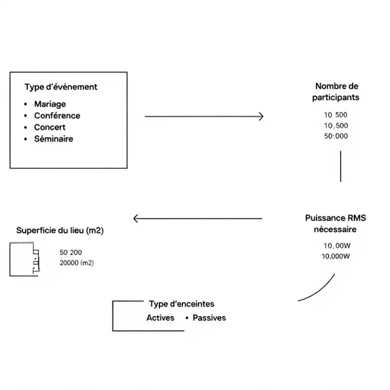 Type d'événement : Liste des types d'événements possibles, incluant mariage, conférence, concert, et séminaire. Nombre de participants : Indique le nombre de personnes attendues, avec des valeurs mentionnées de 10 500 et 50 000. Puissance RMS nécessaire : Indique la puissance sonore requise, affichée comme 10,00W et 10,000W. Superficie du lieu (m2) : Indique la taille de l'espace, avec des valeurs de 50 200 et 20 000 m². Type d'enceintes : Indique le type de haut-parleurs à utiliser, soit Actives ou Passives.
