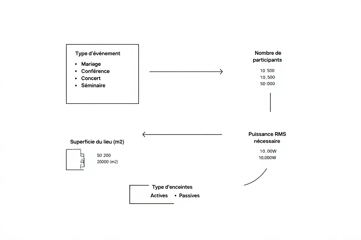 Type d'événement : Liste des types d'événements possibles, incluant mariage, conférence, concert, et séminaire. Nombre de participants : Indique le nombre de personnes attendues, avec des valeurs mentionnées de 10 500 et 50 000. Puissance RMS nécessaire : Indique la puissance sonore requise, affichée comme 10,00W et 10,000W. Superficie du lieu (m2) : Indique la taille de l'espace, avec des valeurs de 50 200 et 20 000 m². Type d'enceintes : Indique le type de haut-parleurs à utiliser, soit Actives ou Passives.