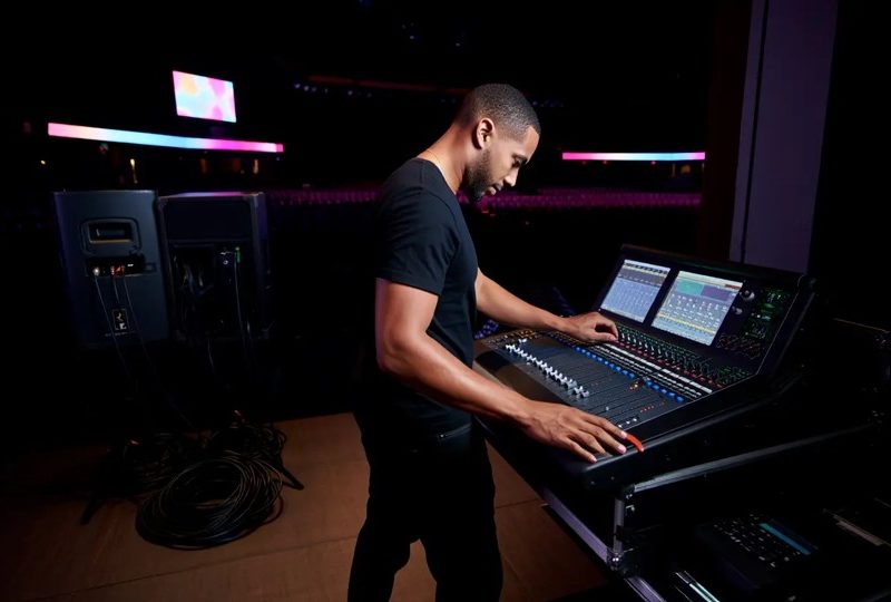 Un ingénieur du son de profil ajuste les réglages d'une console de mixage numérique imposante dans une salle de spectacle sombre. Il porte un t-shirt noir et est concentré sur les écrans et les curseurs de l'appareil. En arrière-plan, on aperçoit une scène vide avec des écrans lumineux colorés et des rangées de sièges dans la pénombre.
