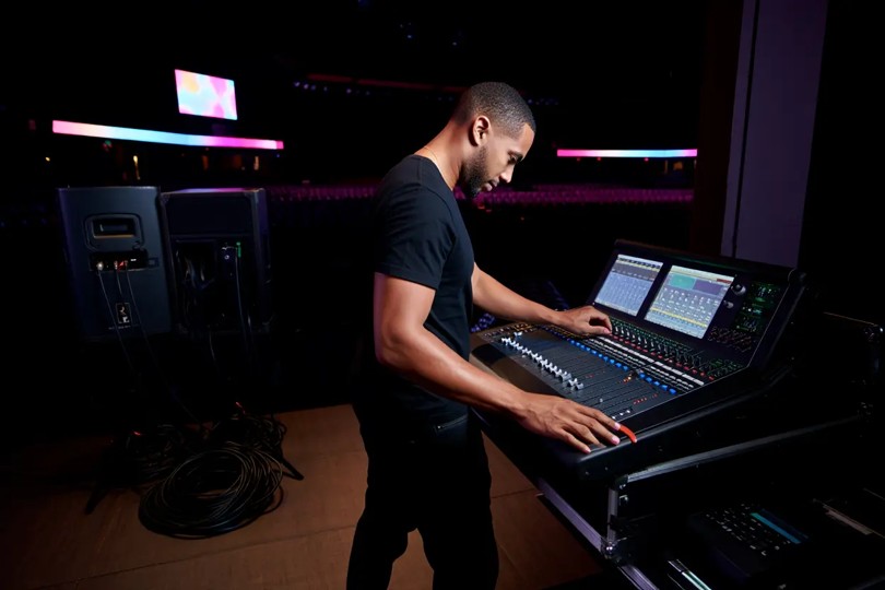 Un ingénieur du son de profil ajuste les réglages d'une console de mixage numérique imposante dans une salle de spectacle sombre. Il porte un t-shirt noir et est concentré sur les écrans et les curseurs de l'appareil. En arrière-plan, on aperçoit une scène vide avec des écrans lumineux colorés et des rangées de sièges dans la pénombre.
