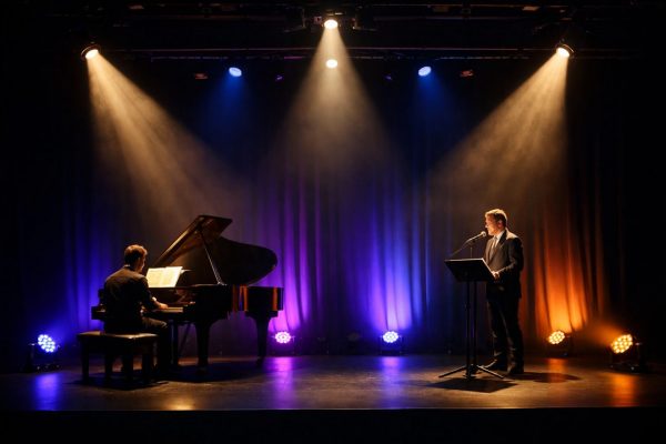 "Soirée élégante : discours et accompagnement musical au piano sous les projecteurs"