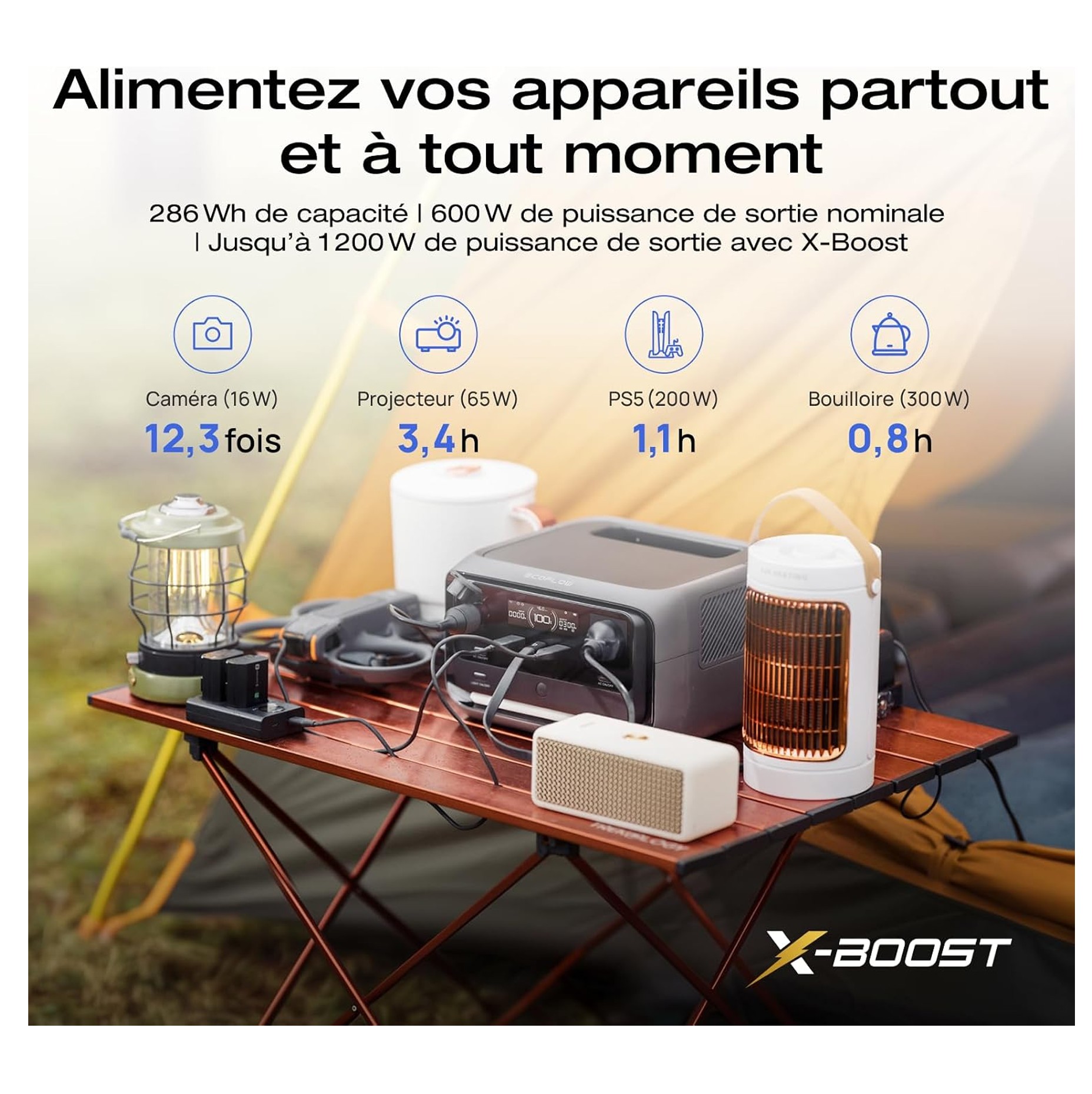 Pack sonorisation PA complet pour événements avec enceintes, projecteur et accessoires sur table, affichant usages et autonomie.