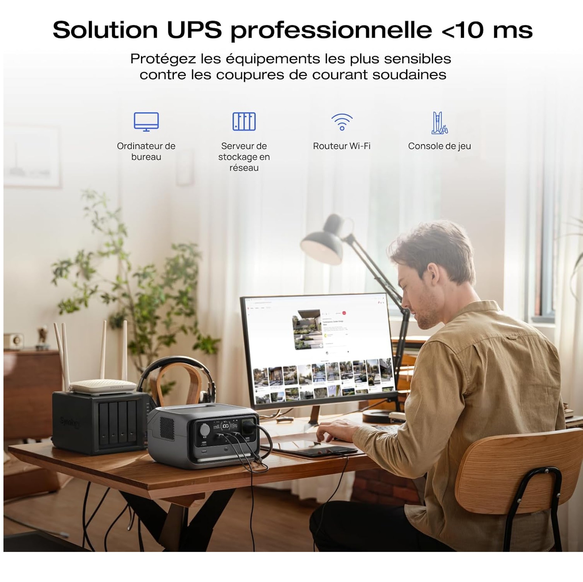 PA complet de sonorisation pour événements sur un bureau: enceintes, écran, et équipements connectés prêt à l’emploi.