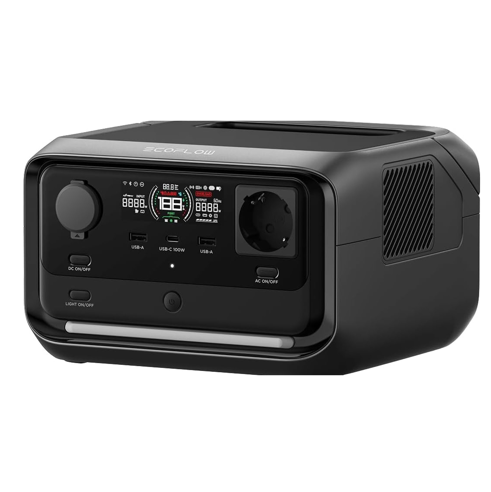 PA complet de sonorisation pour événements: générateur/prise, affichage et contrôles, écran LCD, ports USB, multiprise et sortie prise.
