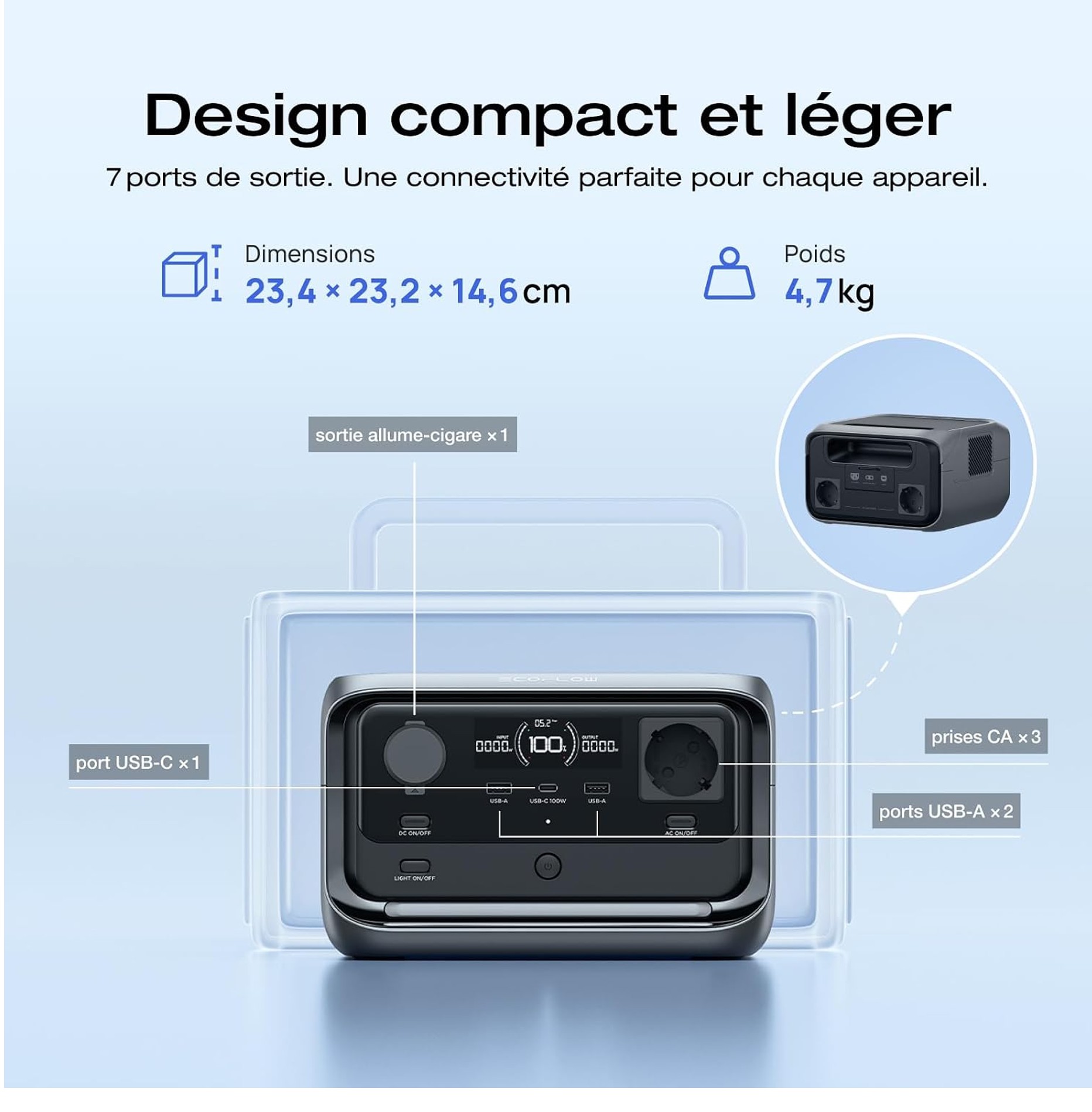 Compacte et légère PA complète pour événements avec 7 sorties, ports USB-C et USB-A, et coffret de rangement.