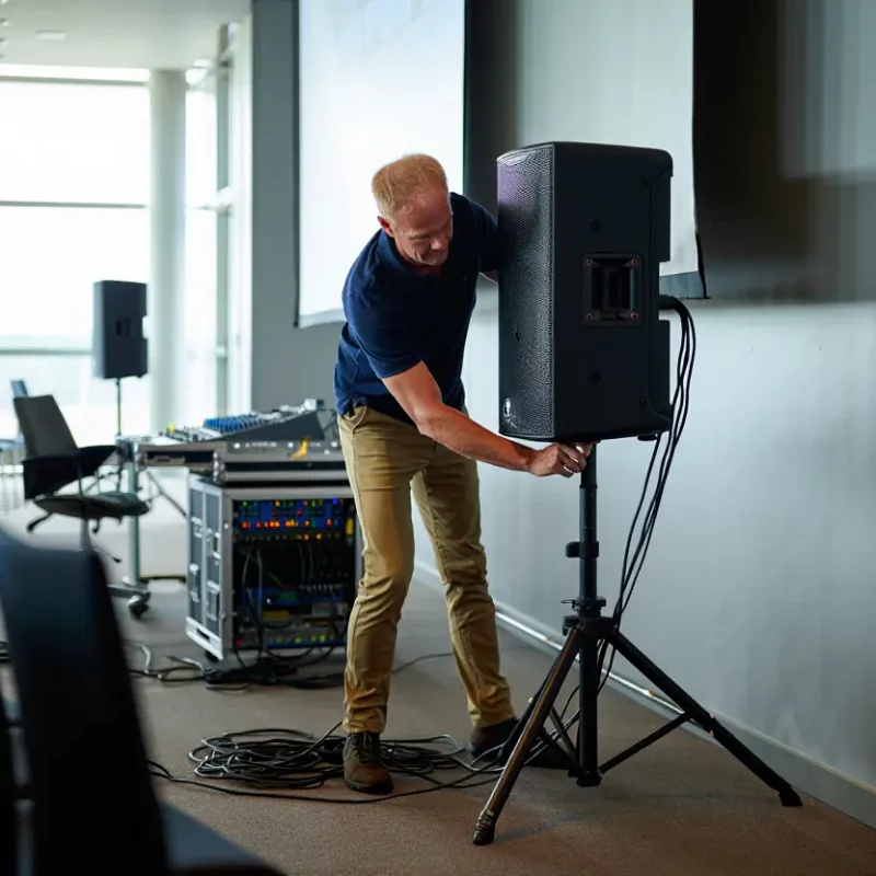 Un technicien audio, un homme blond portant un polo bleu et un pantalon beige, ajuste la hauteur d'une enceinte noire sur pied dans une salle de conférence vide. Au fond, d'autres enceintes sur pieds sont visibles près de fenêtres, ainsi qu'une console de mixage posée sur un rack de matériel technique. Des câbles noirs sont étalés sur la moquette au premier plan.