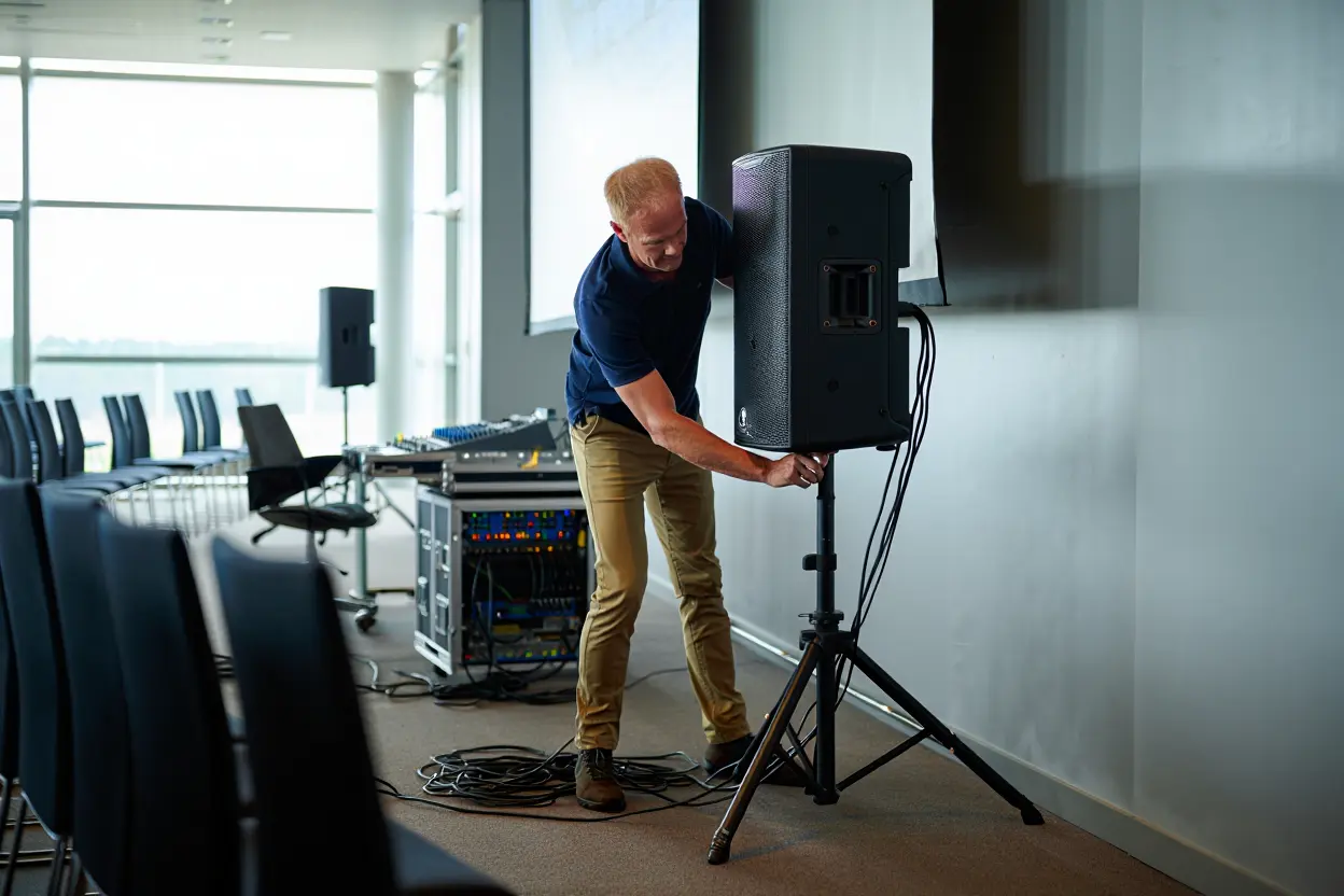 Un technicien audio, un homme blond portant un polo bleu et un pantalon beige, ajuste la hauteur d'une enceinte noire sur pied dans une salle de conférence vide. Au fond, d'autres enceintes sur pieds sont visibles près de fenêtres, ainsi qu'une console de mixage posée sur un rack de matériel technique. Des câbles noirs sont étalés sur la moquette au premier plan.