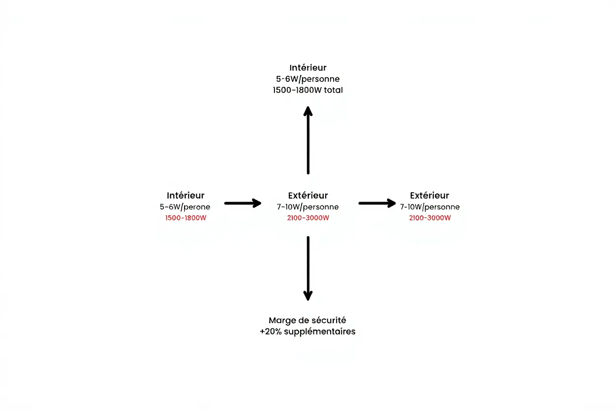 Intérieur : Il faut prévoir entre 5 et 6 Watts par personne, pour un total de 1500 à 1800 Watts. Extérieur : Il faut prévoir plus de puissance, entre 7 et 10 Watts par personne, ce qui donne un total de 2100 à 3000 Watts. Marge de sécurité : Il est recommandé d'ajouter 20 % de puissance supplémentaire au total. Le pack de gauche indique 3200W. Le pack central indique 3400W. Le pack de droite indique 1700W.