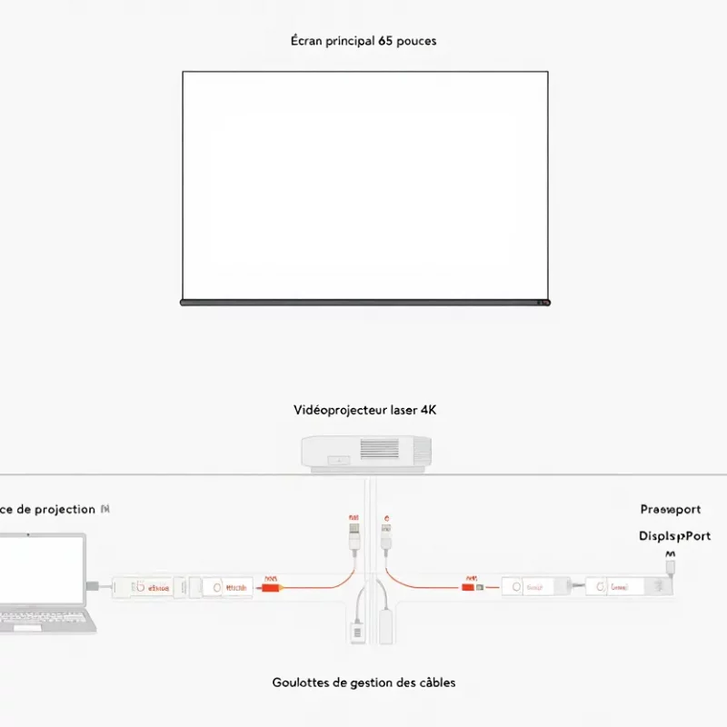 Schéma technique illustrant une installation audiovisuelle. En haut, un écran principal de 65 pouces est affiché. Au centre se trouve un vidéoprojecteur laser 4K. En bas, un ordinateur portable est connecté via des câbles passant par des goulottes de gestion des câbles vers le vidéoprojecteur. Des mentions "Distance de projection" et "DisplayPort" sont présentes pour indiquer les connexions et le positionnement des équipements.