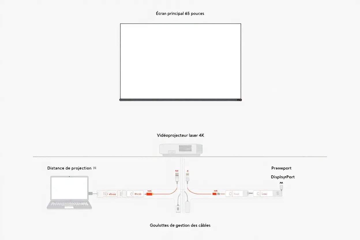 Schéma technique illustrant une installation audiovisuelle. En haut, un écran principal de 65 pouces est affiché. Au centre se trouve un vidéoprojecteur laser 4K. En bas, un ordinateur portable est connecté via des câbles passant par des goulottes de gestion des câbles vers le vidéoprojecteur. Des mentions "Distance de projection" et "DisplayPort" sont présentes pour indiquer les connexions et le positionnement des équipements.