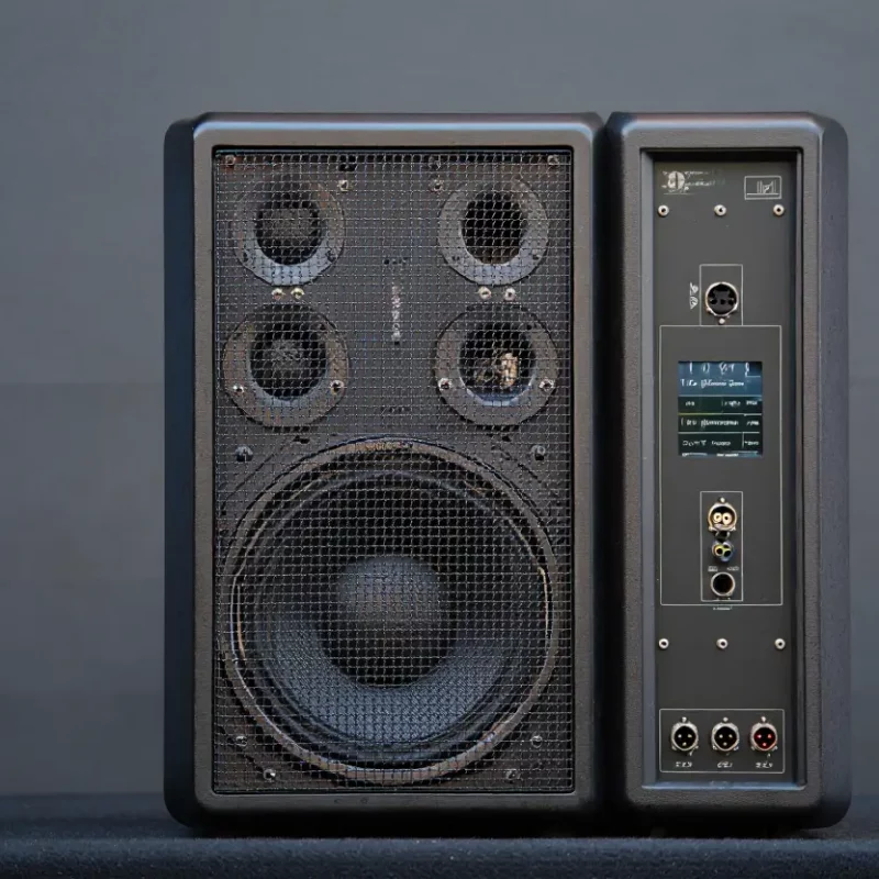 "Enceinte de sonorisation active avec grille de protection métallique, vue sur le panneau de contrôle arrière avec écran LCD et connectiques XLR professionnelles."