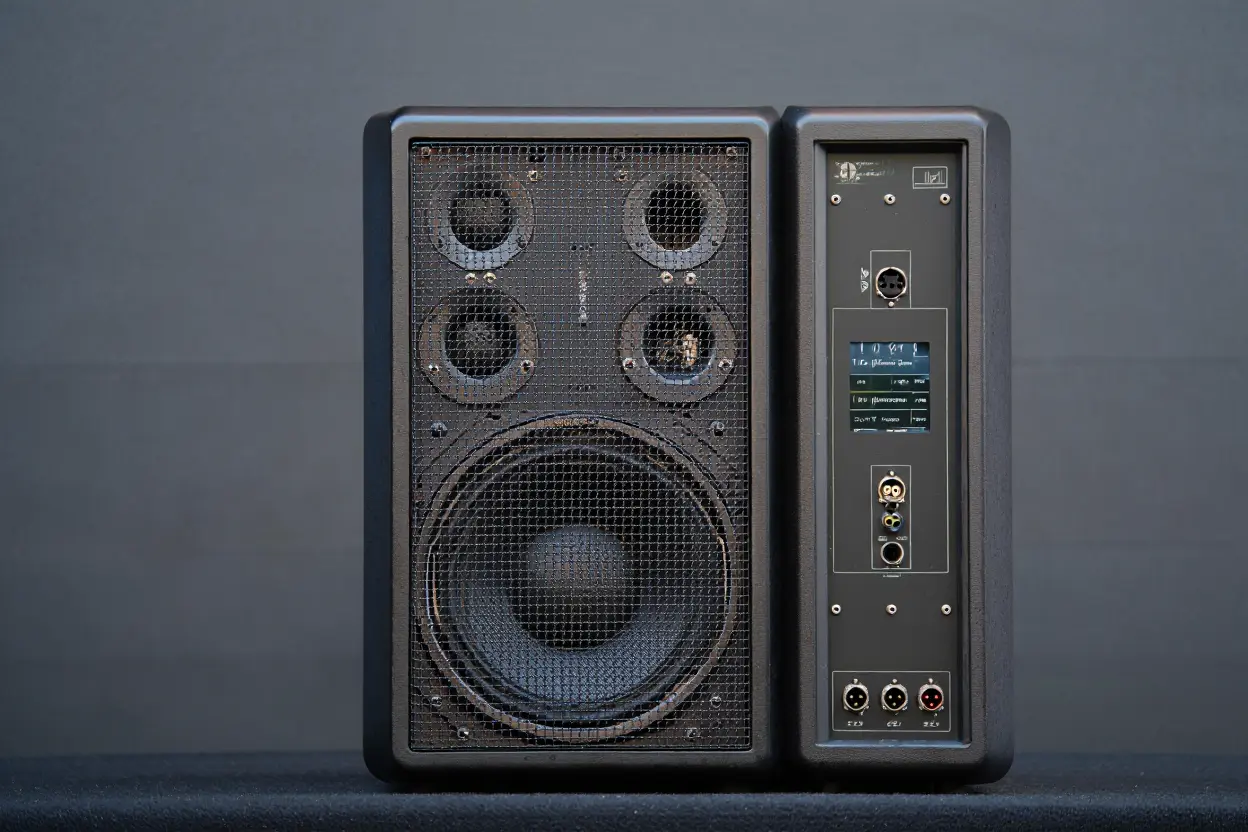"Enceinte de sonorisation active avec grille de protection métallique, vue sur le panneau de contrôle arrière avec écran LCD et connectiques XLR professionnelles."