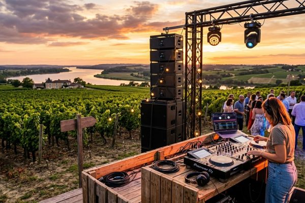Une DJ mixe sur une terrasse en bois face à un magnifique coucher de soleil surplombant des vignes et une rivière. Elle utilise du matériel professionnel Pioneer DJ installé sur un meuble en palettes. À droite, un groupe d'invités danse et discute près d'une structure de scène équipée de projecteurs et d'un système de sonorisation imposant.