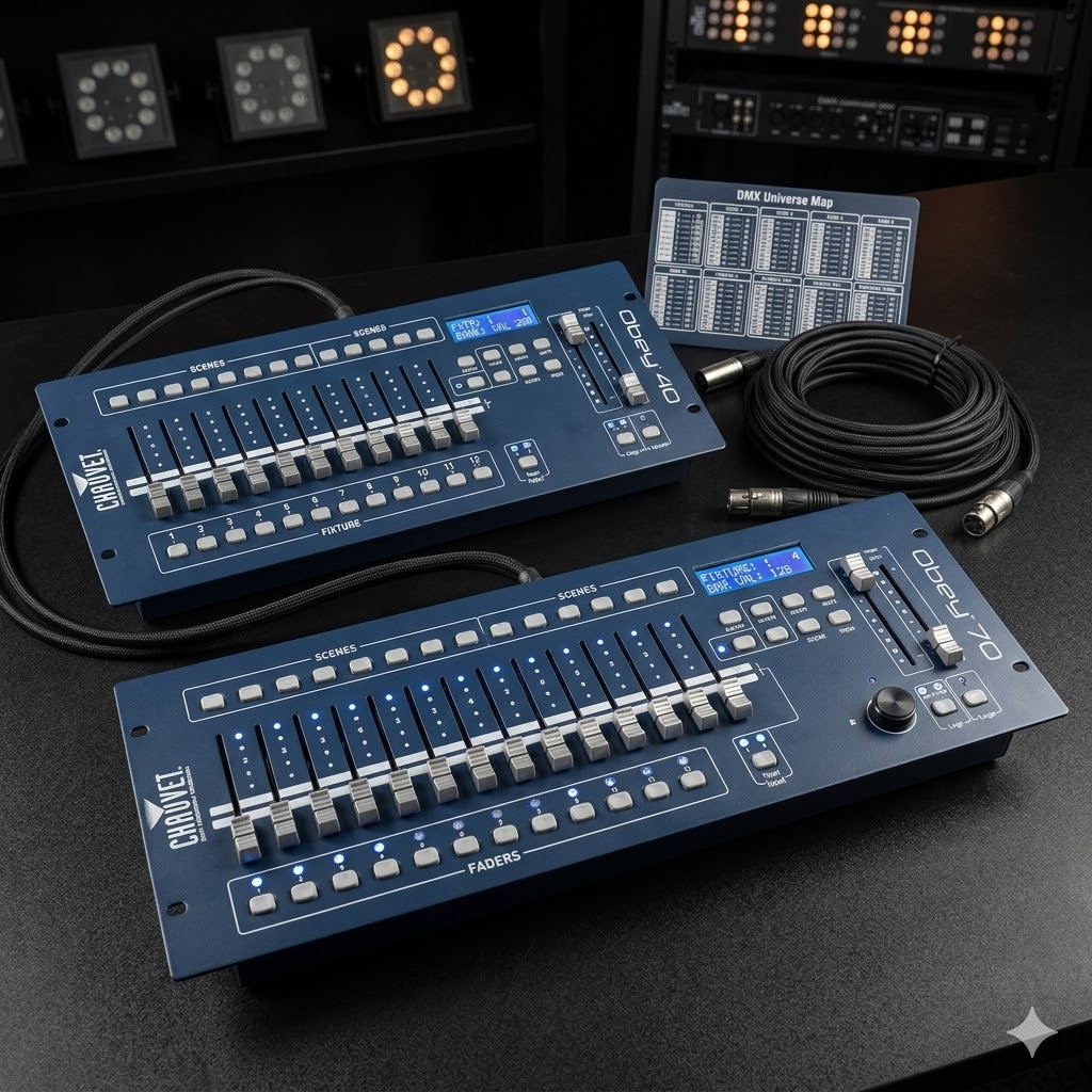 L'image présente une vue rapprochée et stylisée de deux consoles de commande d'éclairage DMX de marque Chauvet, posées sur une surface noire mate.