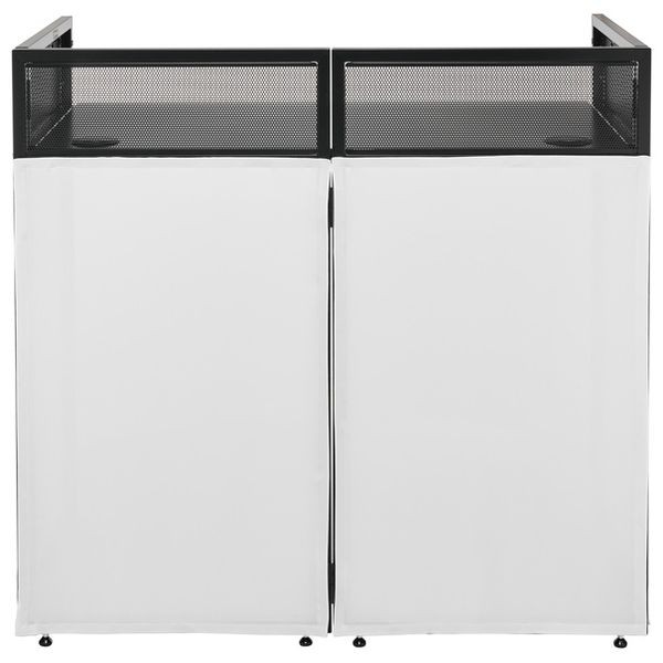 Location-DJ-Booth-Roadworx-DJ-Table-white-Sono-Medoc Une table de DJ portable et pliable, de couleur blanche. Elle est composée d'un cadre en métal avec une partie supérieure en maille grillagée et de panneaux en tissu noir sur la partie inférieure pour cacher les câbles. La structure est ouverte à l'arrière pour permettre l'installation du matériel.