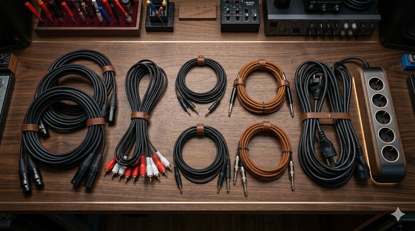 Vue de dessus d'un ensemble de câblages audio et électriques professionnels, soigneusement enroulés et organisés sur un établi en bois sombre.