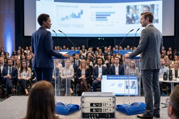 image de deux orateurs lors d'une conférence, utilisant les microphones col de cygne et le matériel audio Sennheiser de l'image 54, debout derrière les pupitres bleus et transparents correspondants, avec un public en arrière-plan. »