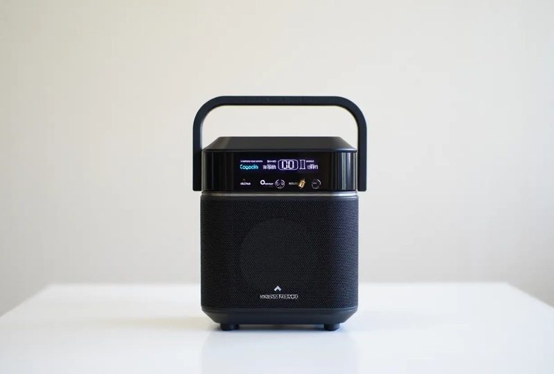 Une enceinte portable noire au design moderne et cubique, posée sur une surface blanche. Elle possède une poignée de transport rigide, une grille frontale en tissu et un écran numérique sur le dessus affichant des informations de lecture. Le fond est neutre et épuré.
