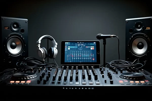 Un équipement de DJ complet comprenant une table de mixage, une tablette, un casque, un micro et deux enceintes.