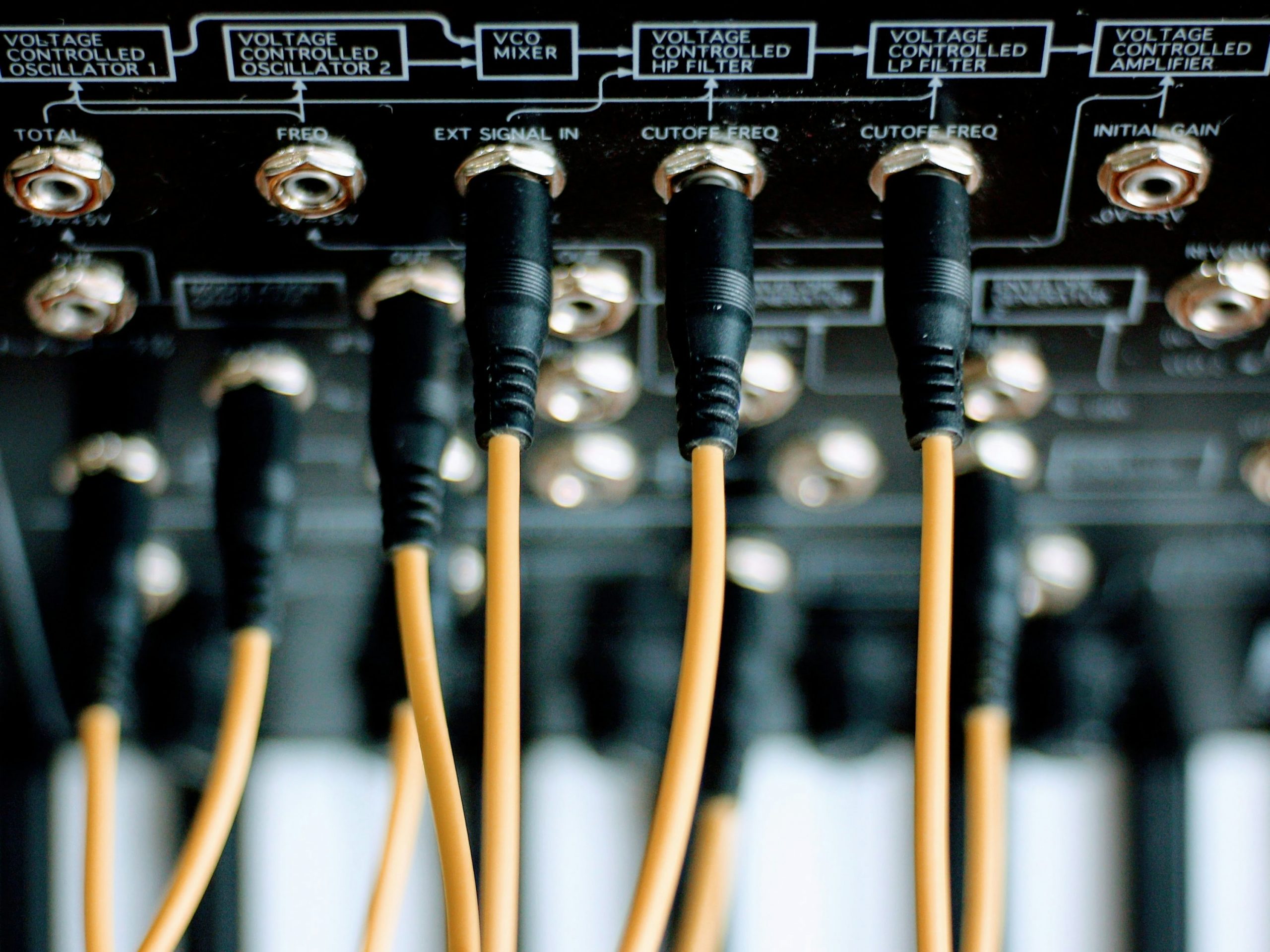 Câbles orange branchés sur les ports d’un panneau arrière d’équipements audio/formation, avec câblage et connecteurs noirs visibles. Câbles orange branchés sur les ports d’un panneau arrière d’équipements audio/formation, avec câblage et connecteurs noirs visibles.