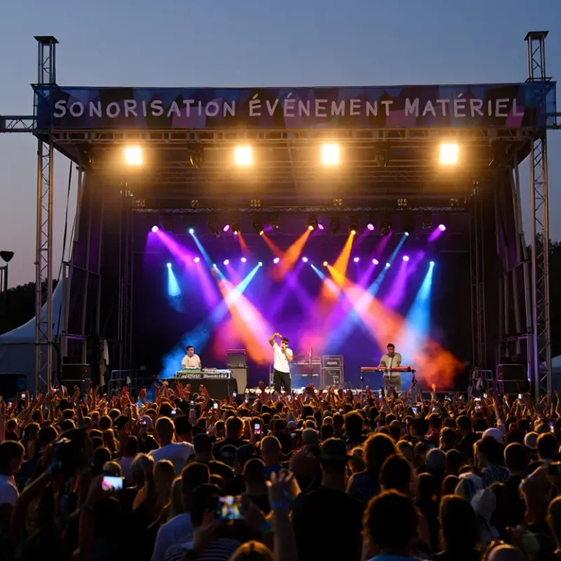 Un groupe de musiciens se produit sur une scène de festival éclairée par des faisceaux orange et violets, face à une foule nombreuse qui lève les bras au coucher du soleil. Une bannière "SONORISATION ÉVÉNEMENT MATÉRIEL" surplombe la scène.