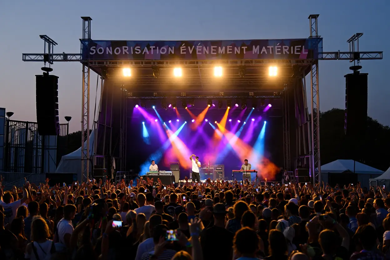 Un groupe de musiciens se produit sur une scène de festival éclairée par des faisceaux orange et violets, face à une foule nombreuse qui lève les bras au coucher du soleil. Une bannière "SONORISATION ÉVÉNEMENT MATÉRIEL" surplombe la scène.