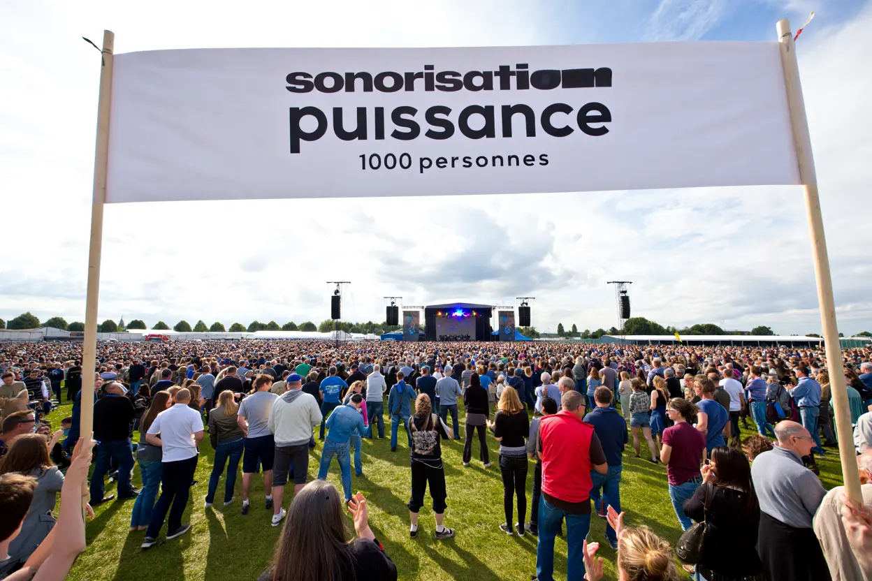 Une foule immense rassemblée dans un champ pour un concert en plein air, avec une grande banderole au premier plan indiquant "sonorisation puissance 1000 personnes".