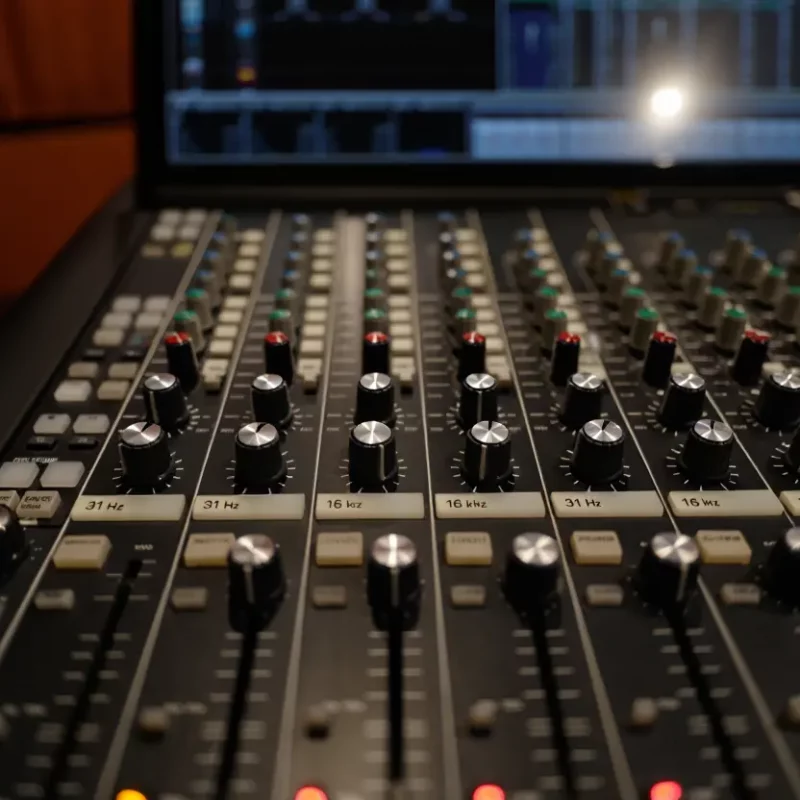 Une vue rapprochée et en perspective d'une console de mixage audio professionnelle. On y voit plusieurs rangées de boutons rotatifs noirs et argentés, ainsi que des curseurs (faders) au premier plan. Certaines sections affichent des étiquettes de fréquences comme 31 Hz et 16 kHz. L'arrière-plan est flou, laissant deviner un écran d'ordinateur affichant des pistes audio dans un studio ou une régie.