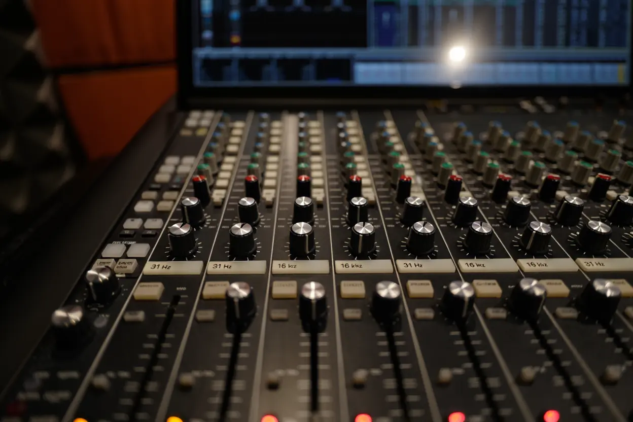 Une vue rapprochée et en perspective d'une console de mixage audio professionnelle. On y voit plusieurs rangées de boutons rotatifs noirs et argentés, ainsi que des curseurs (faders) au premier plan. Certaines sections affichent des étiquettes de fréquences comme 31 Hz et 16 kHz. L'arrière-plan est flou, laissant deviner un écran d'ordinateur affichant des pistes audio dans un studio ou une régie.