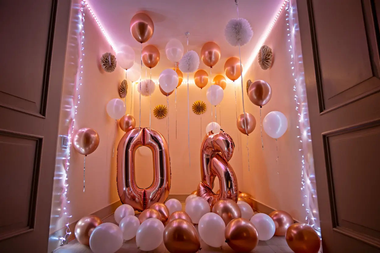 Décoration anniversaire adulte chic avec ballons et guirlandes