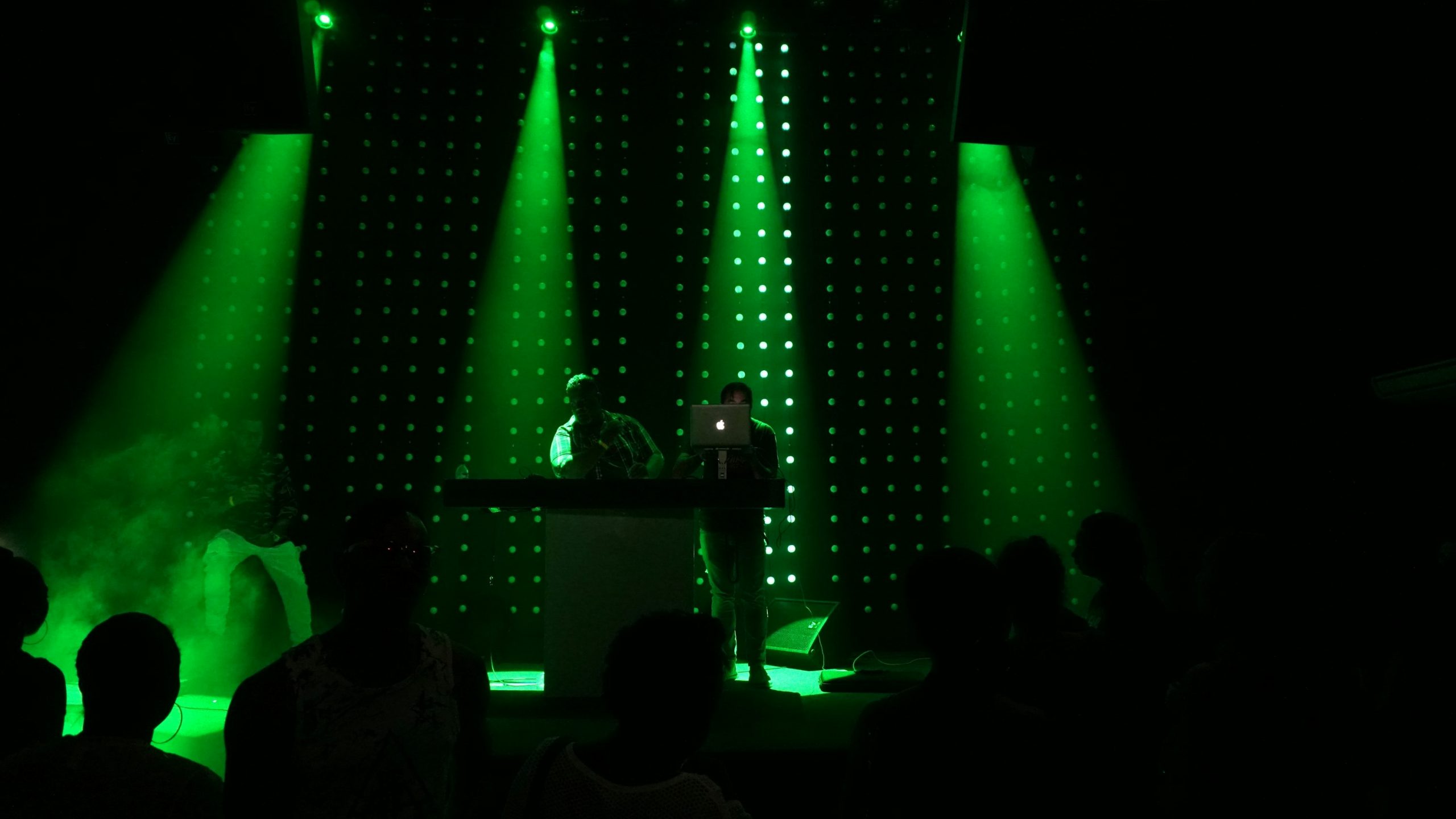 Deux DJs se produisent sur une scène plongée dans l'obscurité, illuminée par des faisceaux de projecteurs vert intense et un mur de LED à l'arrière-plan. On aperçoit la silhouette du public au premier plan, créant une ambiance de concert ou de club électro dynamique et immersive.