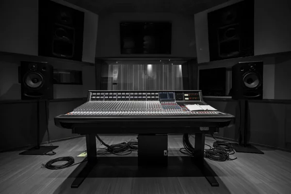 Une vue symétrique d'un studio d'enregistrement professionnel en noir et blanc. Au centre, une large console de mixage analogique trône face à une vitre donnant sur une cabine de prise de son. De chaque côté, deux enceintes de monitoring sur pieds encadrent l'installation. Le sol est jonché de câbles audio enroulés, renforçant l'aspect technique et créatif du lieu.