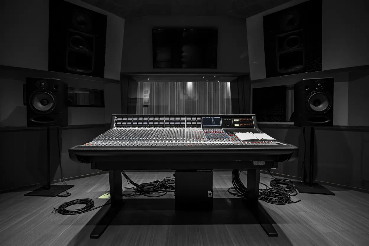 Une vue symétrique d'un studio d'enregistrement professionnel en noir et blanc. Au centre, une large console de mixage analogique trône face à une vitre donnant sur une cabine de prise de son. De chaque côté, deux enceintes de monitoring sur pieds encadrent l'installation. Le sol est jonché de câbles audio enroulés, renforçant l'aspect technique et créatif du lieu.