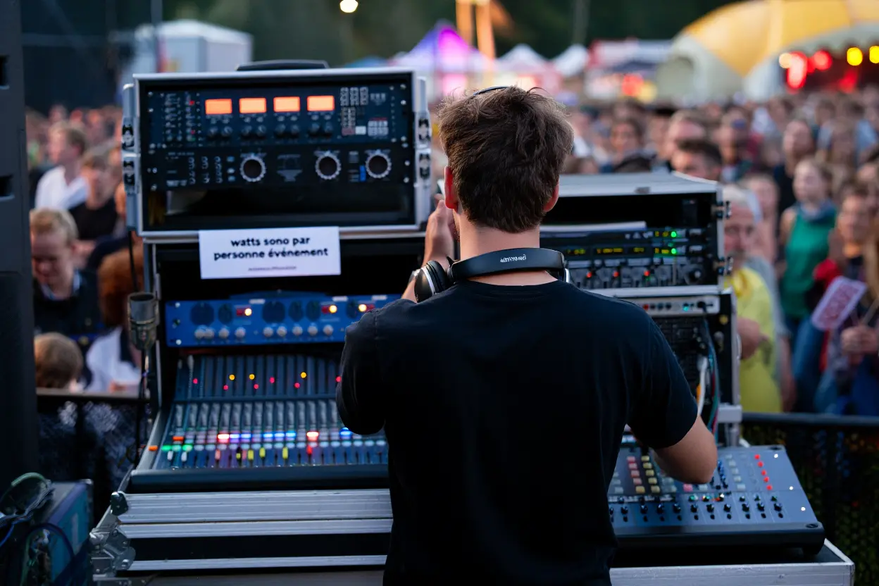 Une vue de dos en plan moyen d'un ingénieur du son ou d'un DJ avec une coiffure "coiffé-décoiffé" portant un t-shirt noir et un casque autour de son cou, debout devant deux grands racks de sonorisation. Il est positionné devant une grande foule de personnes lors d'un concert ou d'un festival en plein air pendant la journée.