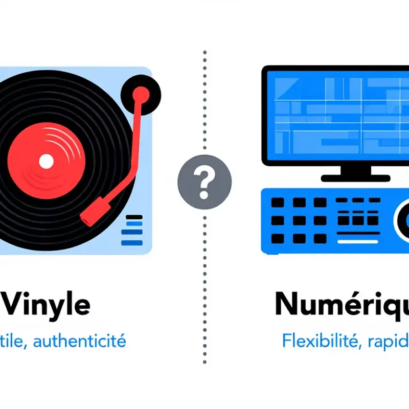 Une infographie comparant le format "Vinyle" (représenté par une platine) et le format "Numérique" (représenté par un ordinateur et un contrôleur). Le texte souligne le côté tactile et l'authenticité pour le vinyle, contre la flexibilité et la rapidité pour le numérique.