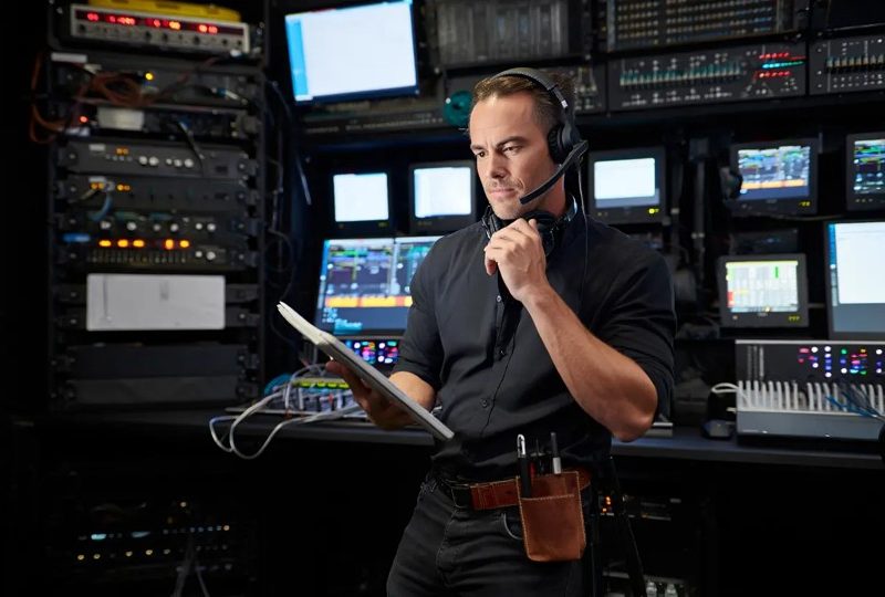 Un technicien audiovisuel, portant un casque avec micro, examine attentivement une tablette dans une régie technique. Il est entouré de racks de matériel électronique, de câbles et de nombreux écrans de contrôle affichant des signaux audio et vidéo. L'homme porte une chemise noire et une sacoche à outils à la ceinture, illustrant un environnement de travail professionnel et complexe.