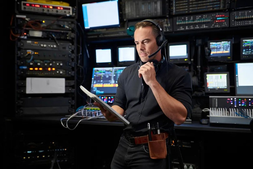 Un technicien audiovisuel, portant un casque avec micro, examine attentivement une tablette dans une régie technique. Il est entouré de racks de matériel électronique, de câbles et de nombreux écrans de contrôle affichant des signaux audio et vidéo. L'homme porte une chemise noire et une sacoche à outils à la ceinture, illustrant un environnement de travail professionnel et complexe.