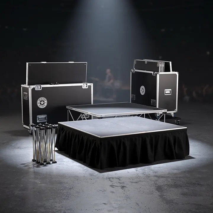 Kit portable scène extérieure de 4m² avec podium et équipements de sono, mallettes et rideau noir sous éclairage spot.