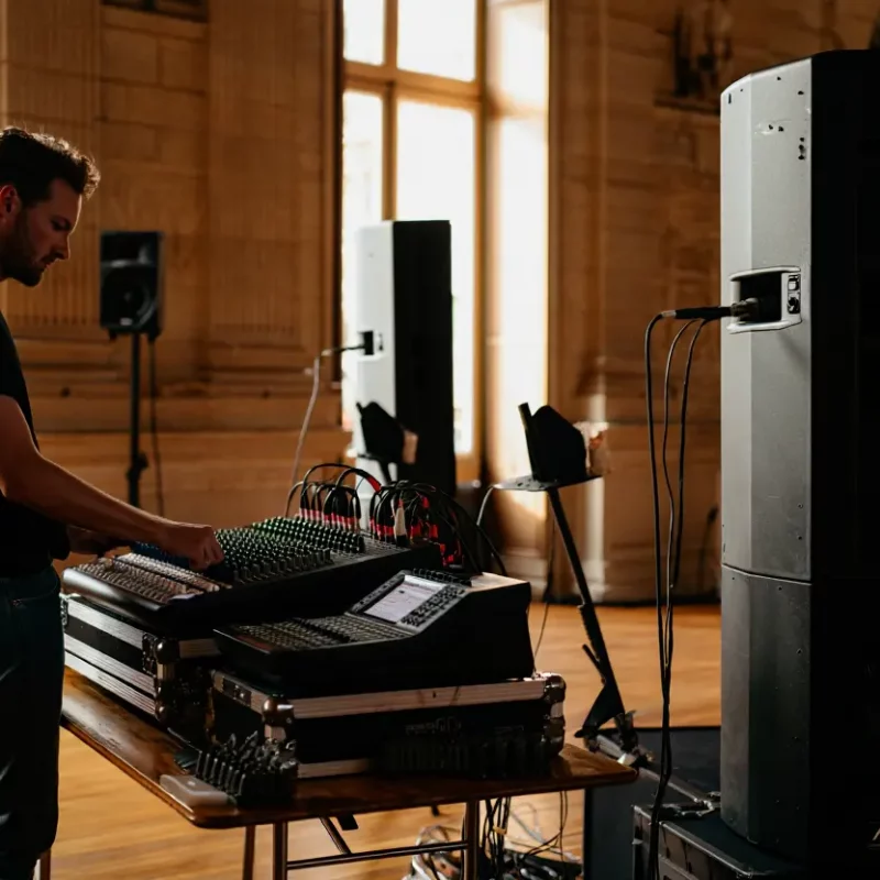 Un technicien ajuste les réglages d'une console de mixage posée sur une table en bois, avec de grandes enceintes colonnes installées dans une salle élégante aux hauts plafonds et parquets anciens.
