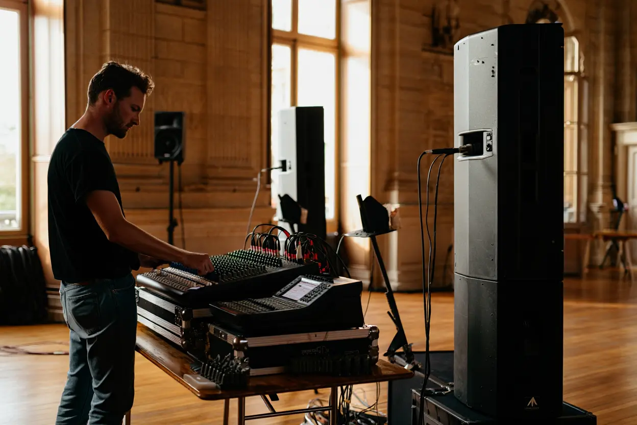Un technicien ajuste les réglages d'une console de mixage posée sur une table en bois, avec de grandes enceintes colonnes installées dans une salle élégante aux hauts plafonds et parquets anciens.