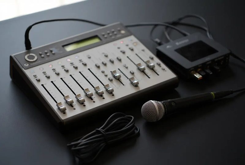 Un ensemble de matériel audio compact posé sur une surface sombre, comprenant une petite console de mixage grise à huit faders, une interface audio noire et un microphone dynamique filaire. L'équipement est relié par plusieurs câbles, suggérant une installation prête pour l'enregistrement de podcasts ou la production musicale domestique.