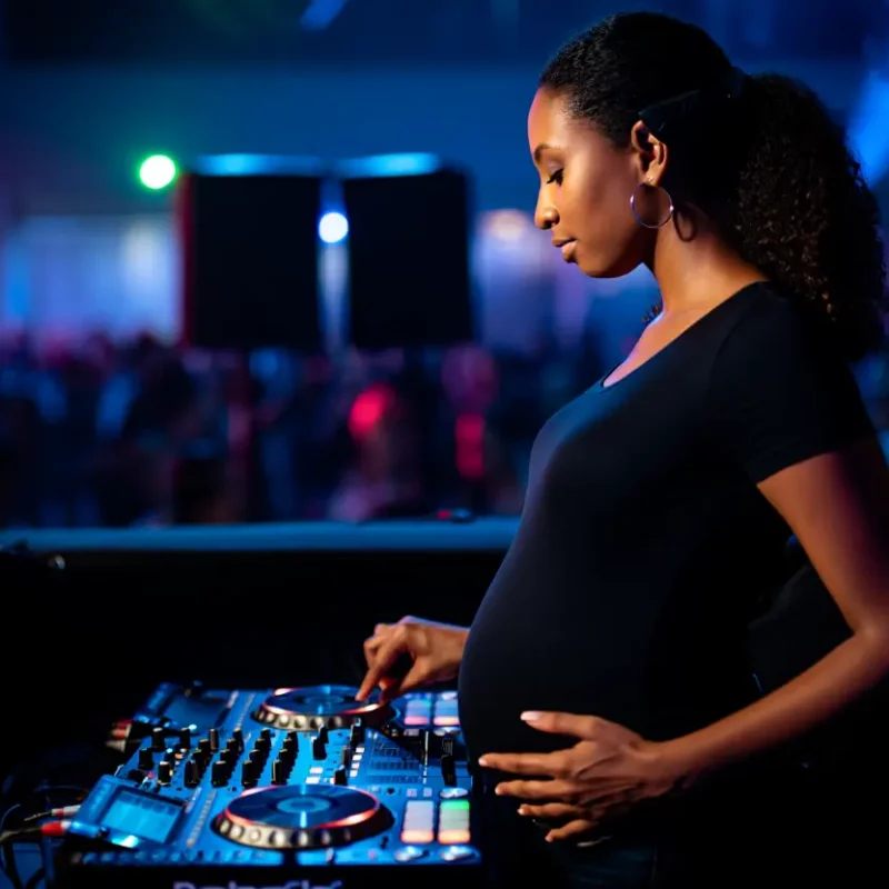 Une femme enceinte mixant sur une platine de DJ lors d'un événement nocturne.