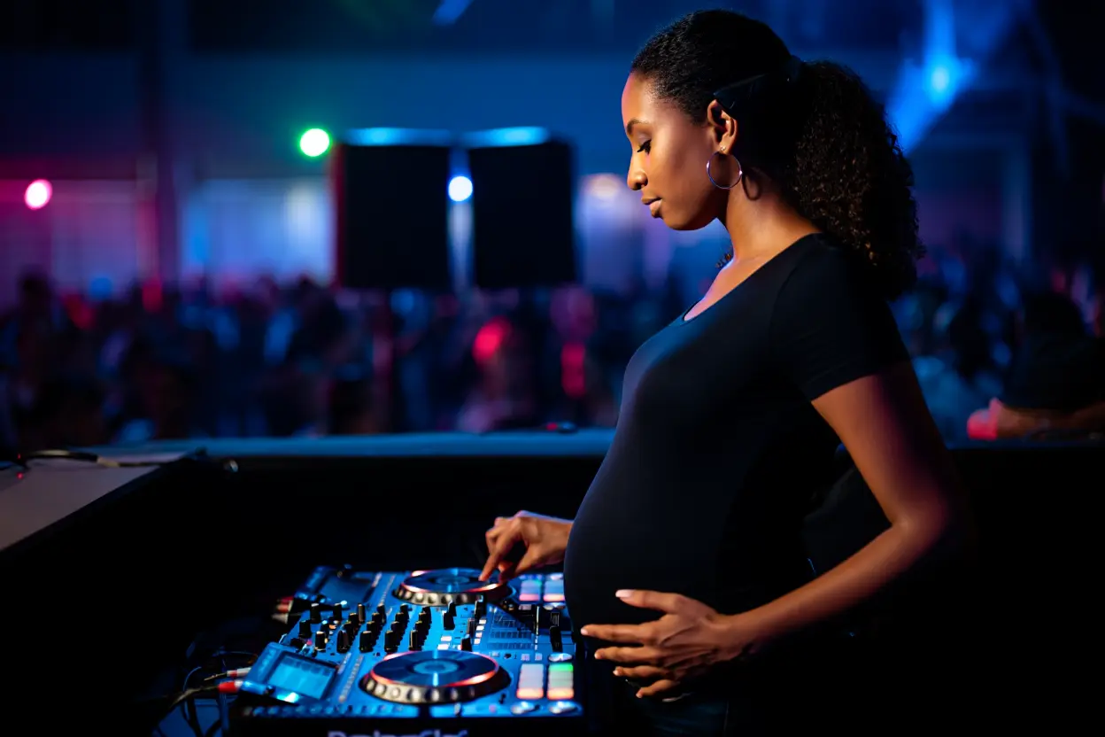 Une femme enceinte mixant sur une platine de DJ lors d'un événement nocturne.