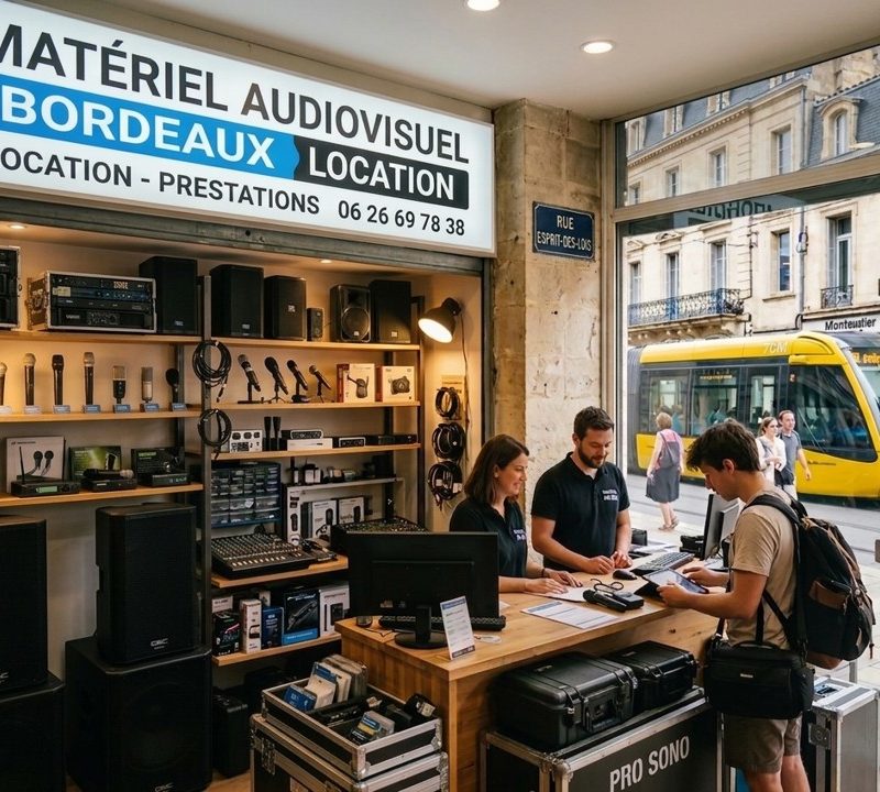 Vue de l'intérieur d'un magasin spécialisé dans la location de matériel audiovisuel à Bordeaux. Au premier plan, des étagères et des présentoirs exposent du matériel de sonorisation professionnel : de grandes enceintes noires, des consoles de mixage, ainsi que plusieurs microphones alignés sur des supports. Derrière un comptoir en bois, deux employés (une femme et un homme portant des polos noirs) accueillent un jeune client qui consulte une tablette. À l'extérieur, à travers une large vitrine, on aperçoit une rue bordelaise avec ses façades en pierre typiques et un tramway jaune et noir en mouvement. Une grande enseigne lumineuse au-dessus du comptoir affiche en bleu et noir : « MATÉRIEL AUDIOVISUEL BORDEAUX LOCATION », avec la mention « LOCATION - PRESTATIONS » et le numéro de téléphone 06 26 69 78 38. Une plaque de rue bleue indique « RUE ESPRIT-DES-LOIS ». Des caisses de transport professionnelles (« flight cases ») sont posées au sol, dont l'une porte l'inscription « PRO SONO ».