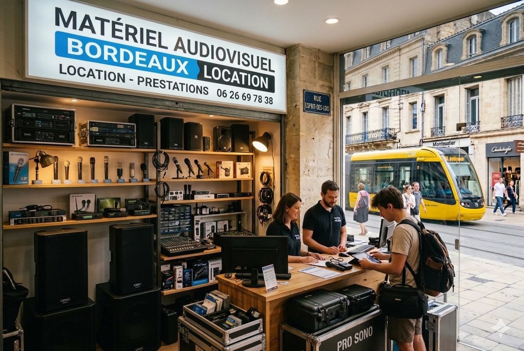 Vue de l'intérieur d'un magasin spécialisé dans la location de matériel audiovisuel à Bordeaux. Au premier plan, des étagères et des présentoirs exposent du matériel de sonorisation professionnel : de grandes enceintes noires, des consoles de mixage, ainsi que plusieurs microphones alignés sur des supports. Derrière un comptoir en bois, deux employés (une femme et un homme portant des polos noirs) accueillent un jeune client qui consulte une tablette. À l'extérieur, à travers une large vitrine, on aperçoit une rue bordelaise avec ses façades en pierre typiques et un tramway jaune et noir en mouvement. Une grande enseigne lumineuse au-dessus du comptoir affiche en bleu et noir : « MATÉRIEL AUDIOVISUEL BORDEAUX LOCATION », avec la mention « LOCATION - PRESTATIONS » et le numéro de téléphone 06 26 69 78 38. Une plaque de rue bleue indique « RUE ESPRIT-DES-LOIS ». Des caisses de transport professionnelles (« flight cases ») sont posées au sol, dont l'une porte l'inscription « PRO SONO ».